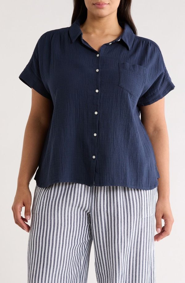 キャスロン レディース トップス シャツ プラスサイズ コットン Caslon Cotton Gauze ButtonUp Shirt Plus NAVY STILL ネイビー