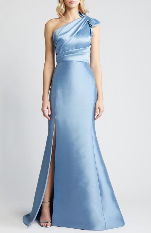 アムサール レディース トップス ワンピース ワンショルダー Amsale Bow Detail OneShoulder Mikado Mermaid Gown SMOKEY BLUE ブルー