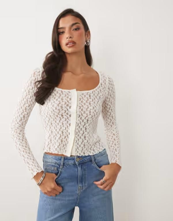 ノーバディーズ チャイルド レディース アウター カーディガン レース Nobodys Child scoop neck long sleeve lace top WHITE ホワイト
