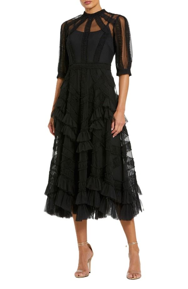 マックダガル レディース トップス ワンピース ティアード ハイネック フリル Mac Duggal Womens High Neck Puff Sleeve Ruffle Tieredress Bl