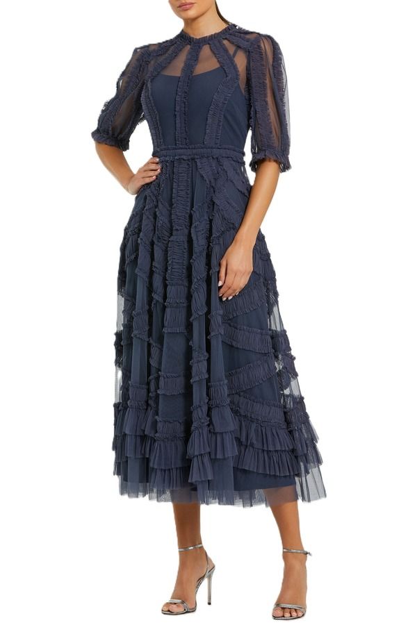 マックダガル レディース トップス ワンピース ティアード ハイネック フリル Mac Duggal Womens High Neck Puff Sleeve Ruffle Tieredress Mi