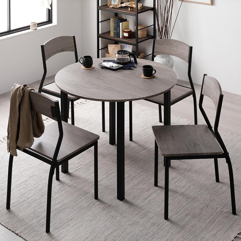 RASIK 円形ダイニングテーブルセット 4人用 5点セット テーブル1点チェア4脚 グレージュ×ブラック シンプルデザインチェア ボリック | 木製 スチール 4人掛け 机 椅子 BOLIQｍａ
