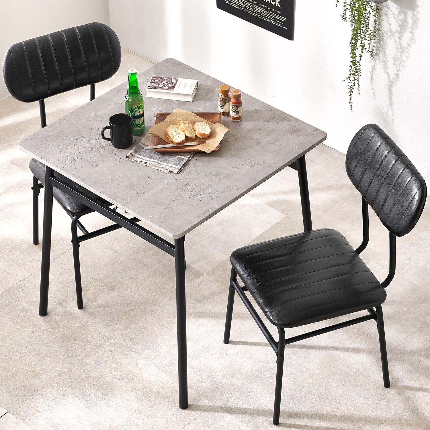 萩原 ダイニングテーブルセット 2人用 3点セット 【 カフェ風 ダイニングセット 】 ストーン × ブラック 幅70 小さめ スチール 2人掛け マーブルグレー LDS-4853MGYｍａ