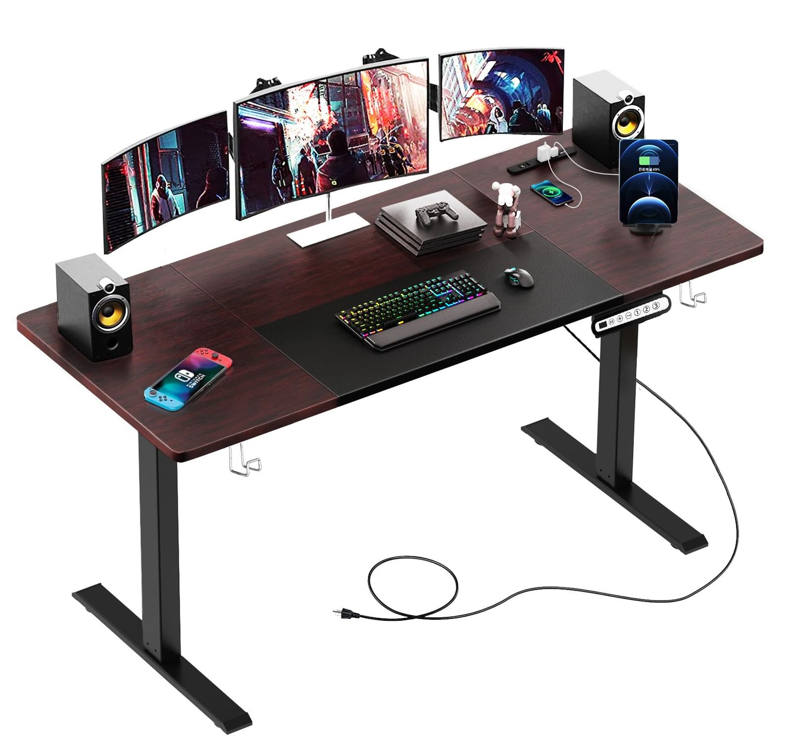 GTPLAYER ゲーミングローデスク 電動昇降式 コンセント付き 昇降範囲44-70cm 障害検知機能 高さメモリー機能 モニターアーム対応 安定自動昇降 充電便利 収納フック付き ゲーミングデスク パソコンデスク ロータイプ ローデスク pcデスク 座ｍａ