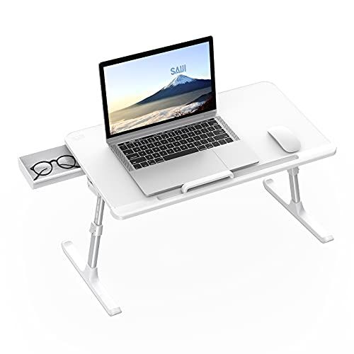 ラップデスク SAIJI ノートパソコンスタンド 折りたたみテーブル ローテーブル 膝上テーブル 高さ・角度調整 引き出し付き 耐荷重40kg PVC表層 軽量 省スペース 勉強机 傾斜台 読書 テレワーク 一人食 K7-M (ホワイト,60*32cm)ｍａ