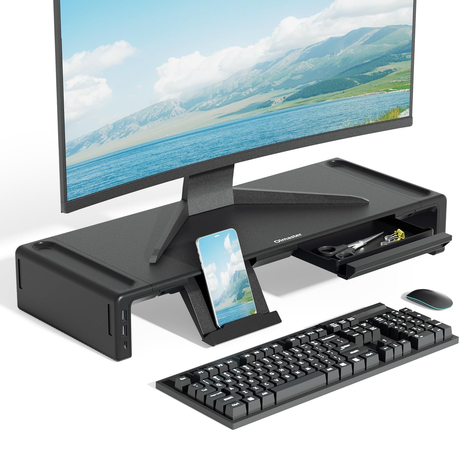 Olmaster モニタースタンド 高さ調節可能 折りたたみ式 PCスタンド 引き出し付き 収納 デスクオーガナイザー 机 上 整理 多機能 スマホ タブレット スタンド 省スペース リモートワーク 在宅勤務 必需品 (黒+USB)ｍａ