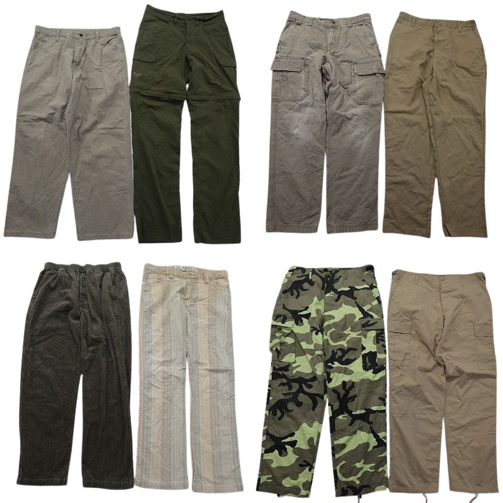 古着卸 まとめ売り ロングパンツ 8枚セット ( メンズ 35/34/L ) カーゴ 迷彩柄 ストライプ タック コットンパンツ 中古 古着 NF9909