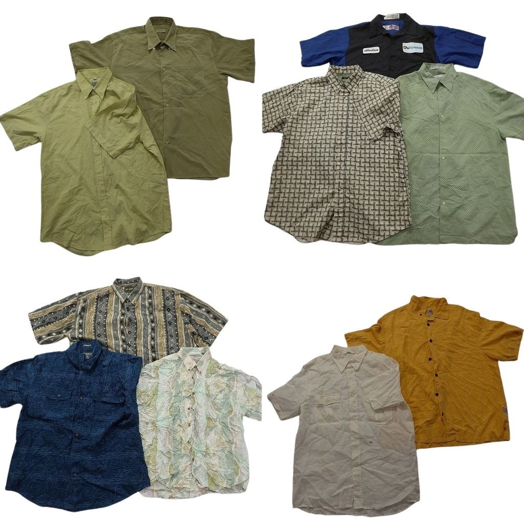 古着卸 まとめ売り 半袖シャツ 10枚セット ( メンズ Ｌ ) ダブルフラップ ラウンドカット ワークシャツ 総柄 中古 古着 NG0053