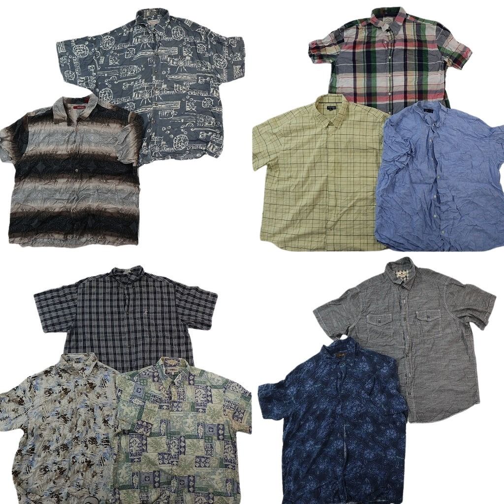 古着卸 まとめ売り 半袖シャツ 10枚セット ( メンズ 2XL ) 総柄 チェック ボタンダウン 格子柄 ダブルフラップ 中古 古着 NG0063