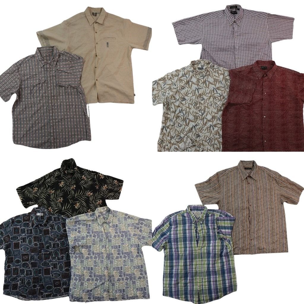 古着卸 まとめ売り 半袖シャツ 10枚セット ( メンズ XL ) 総柄 マドラスチェック ボックシルエット ラウンドカット 中古 古着 NG0067