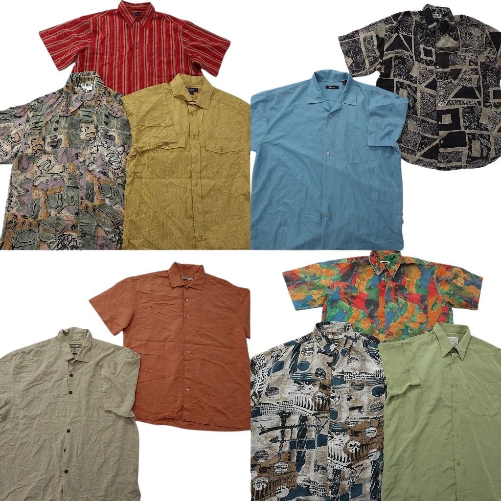 古着卸 まとめ売り 半袖シャツ MIX 10枚セット ( メンズ XL ) ダブルフラップ 総柄 ストライプ シルク混 中古 古着 NG0184