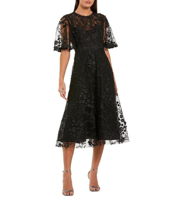 マックダガル レディース トップス ワンピース クルーネック A ライン ミディ 刺繍 レース Mac Duggal Embroidered Lace Short Flutter Sleeve Cre