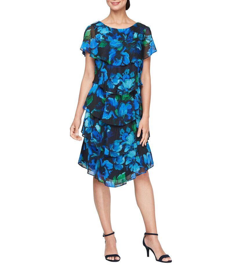 イグナイト レディース トップス ワンピース ティアード フラワー柄 プリント キャップ フラワー Ignite Evenings Short Caplet Sleeve Tiered Floral