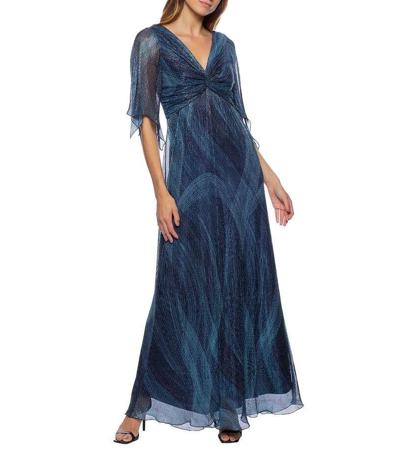 マリナ レディース トップス ワンピース Vネック メッシュ トール Marina Gathered VNeck 34 Flutter Sleeve Metallic Mesh Gown NavyMu
