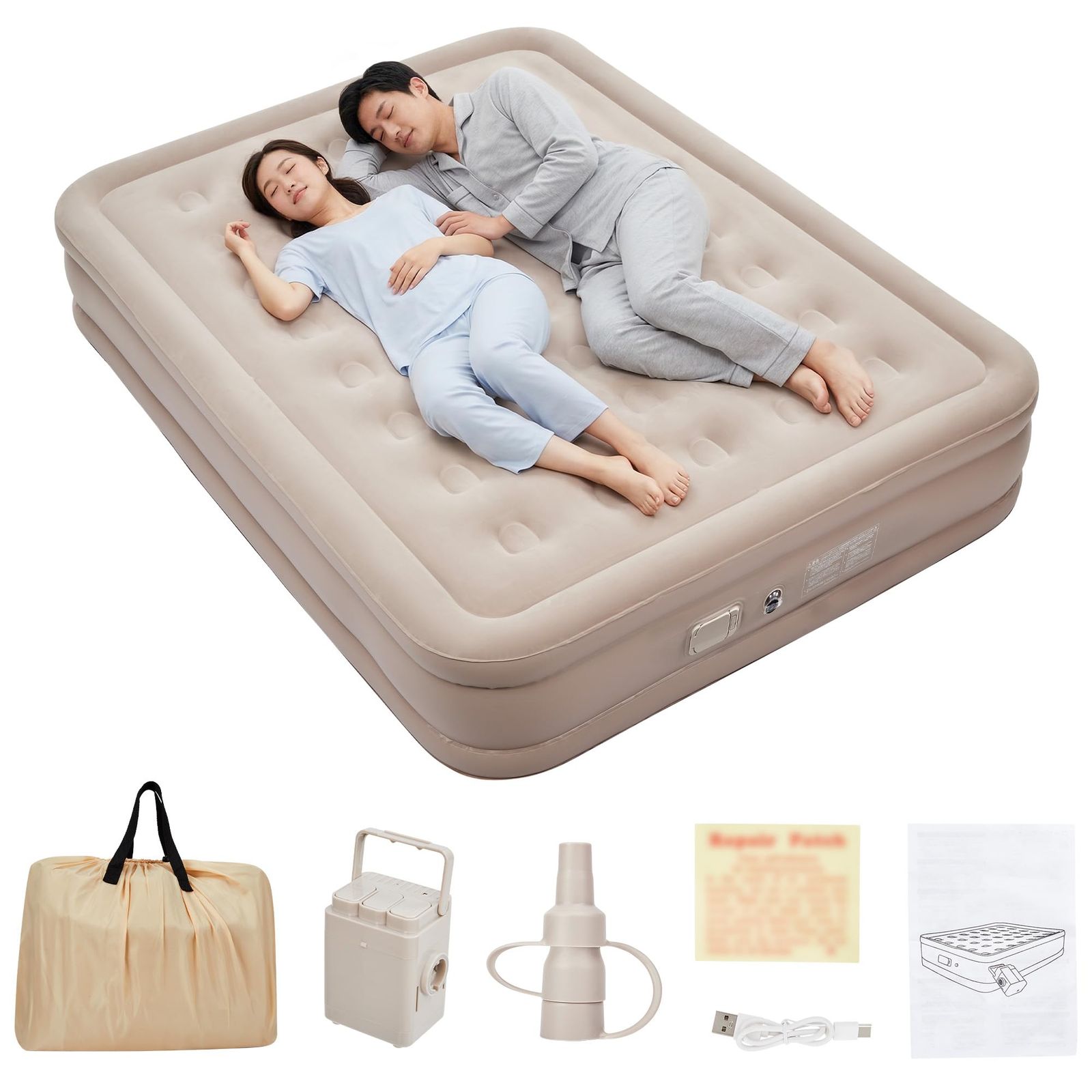 エアーベッド 電動ポンプ内蔵 キャンプ用品 防災用 自動膨張 203×152×40cm