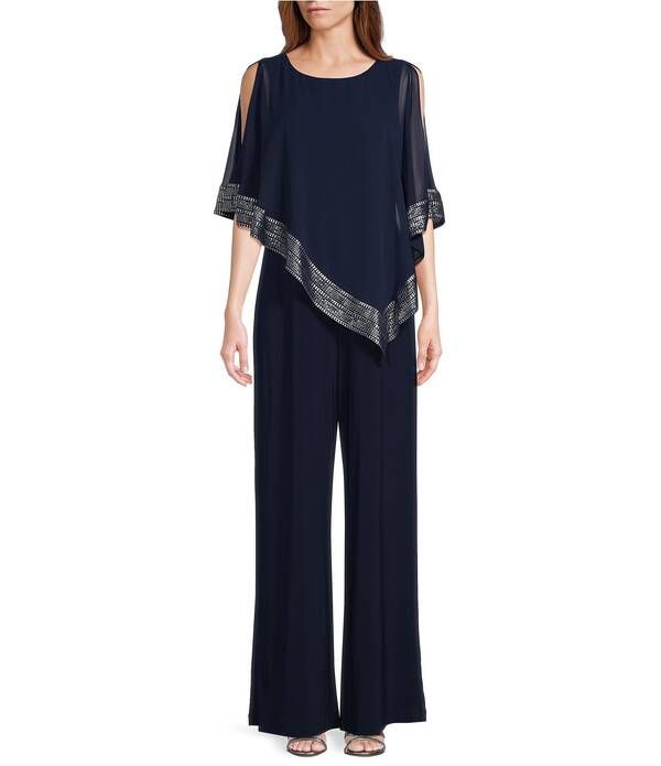 イグナイト レディース トップス ワンピース ケープデザイン アシンメトリー キャップ ケープ ジャンプスーツ Ignitevenings Foil Trim Boat Neck Asymmetric