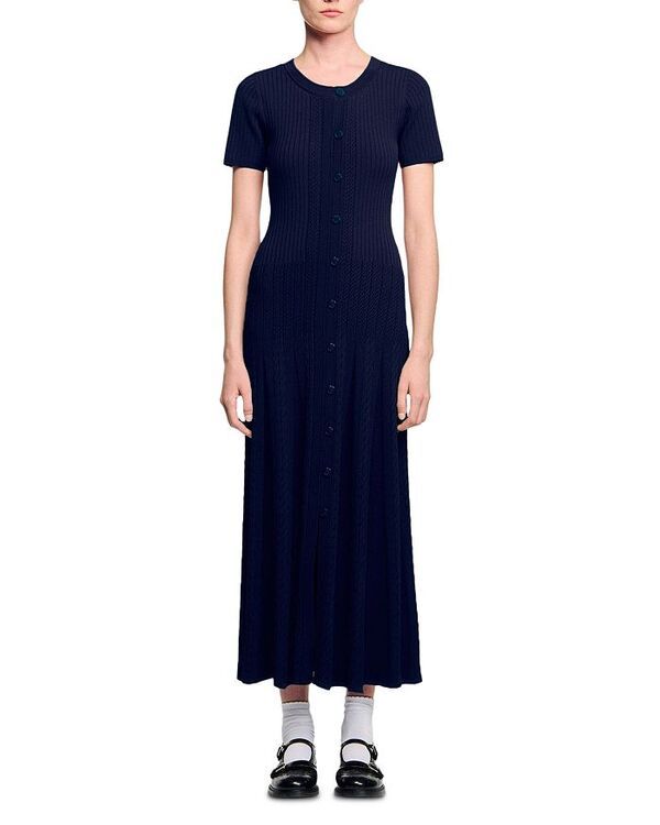 サンドロ レディース トップス ワンピース マキシワンピース ニット マキシ Sandro Short Sleeve Knit Maxi Dress Navy Blue ネイビー