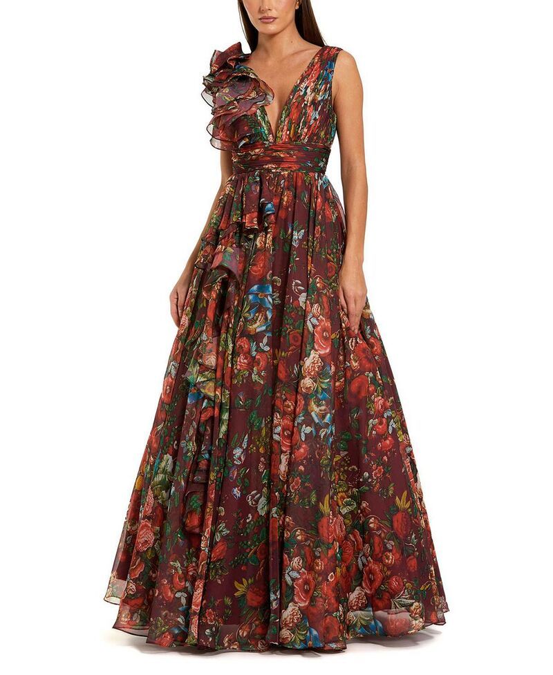 マックダガル レディース トップス ワンピース Vネック シフォン プリント フリル Mac Duggal Ruffle Shoulder VNeck Printed Chiffon Gown Win