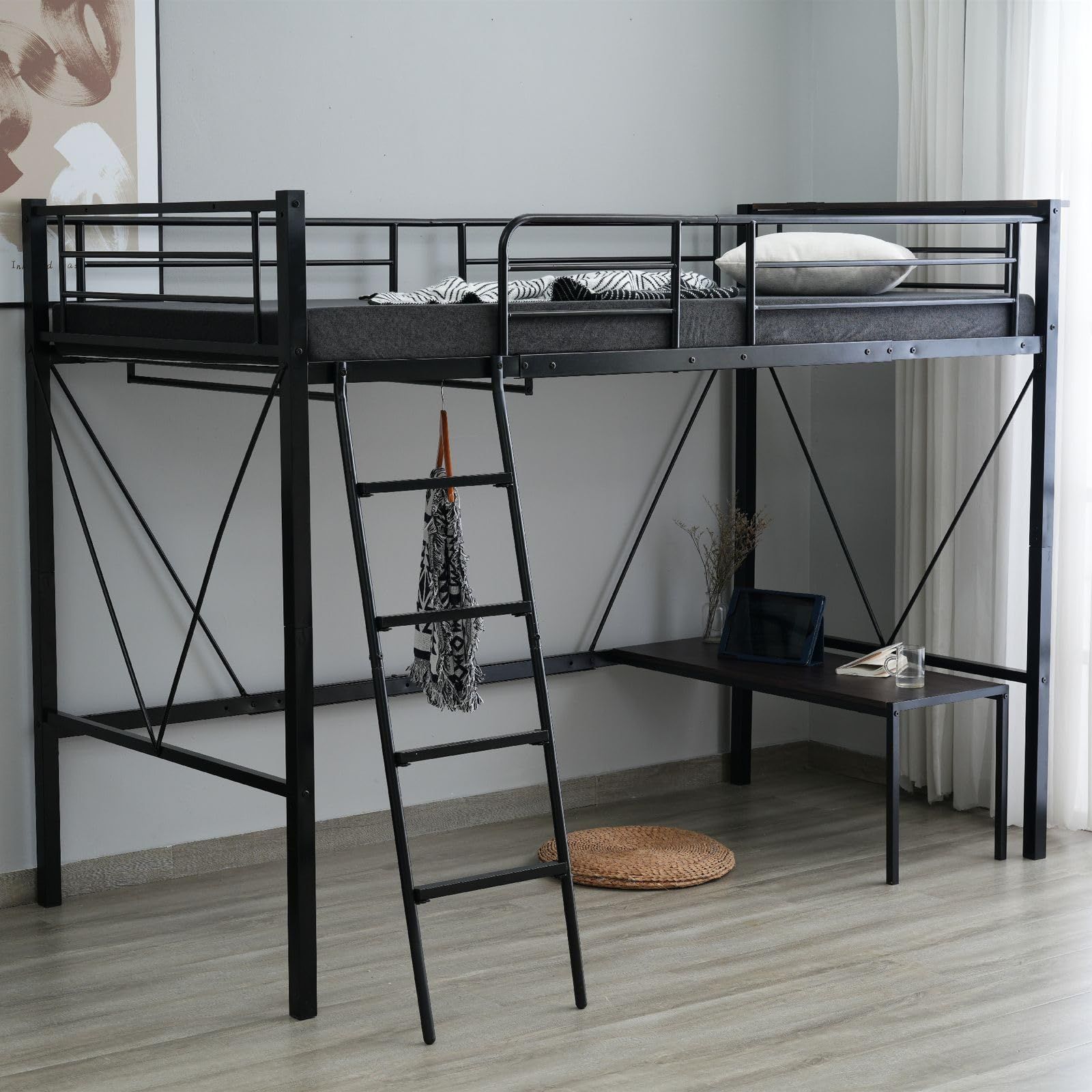 ロフトベッド シングル ローデスク付き 大人用 パイプベッド 収納棚 コンセント付き ミドルタイプ 高さ150cm 北欧風 子供ベッド 一人暮らし スチール 金属製 社員寮 耐震 ブラックｍａ
