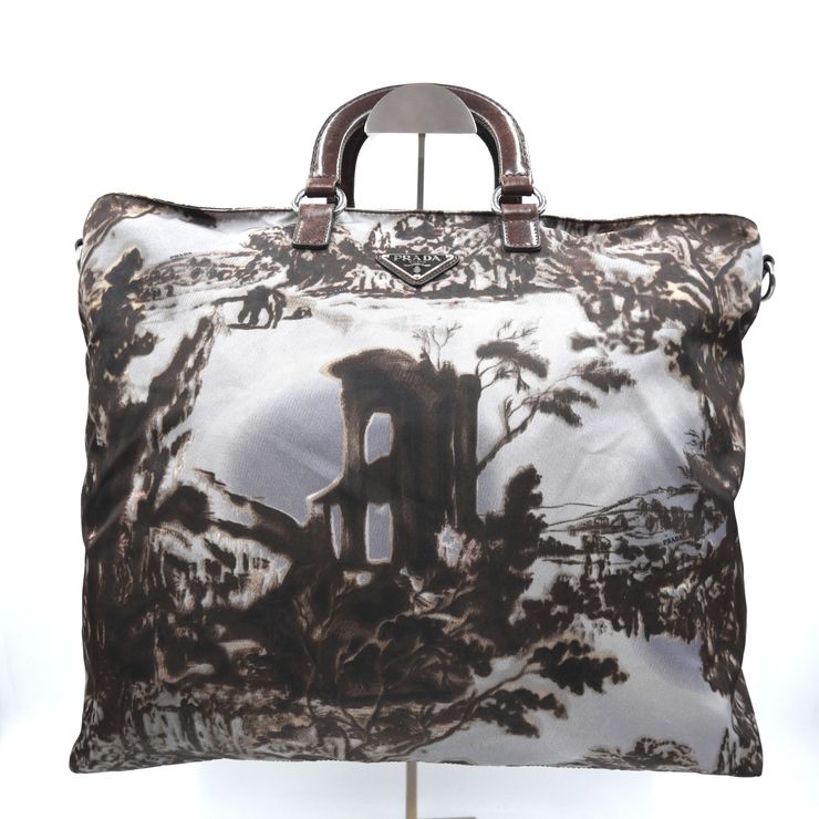 PRADA（プラダ）風景画プリント 2WAY ハンドバッグ ショルダーバッグ ナイロン ブラウン系 レザー シルバー金具 レディース 【中古】