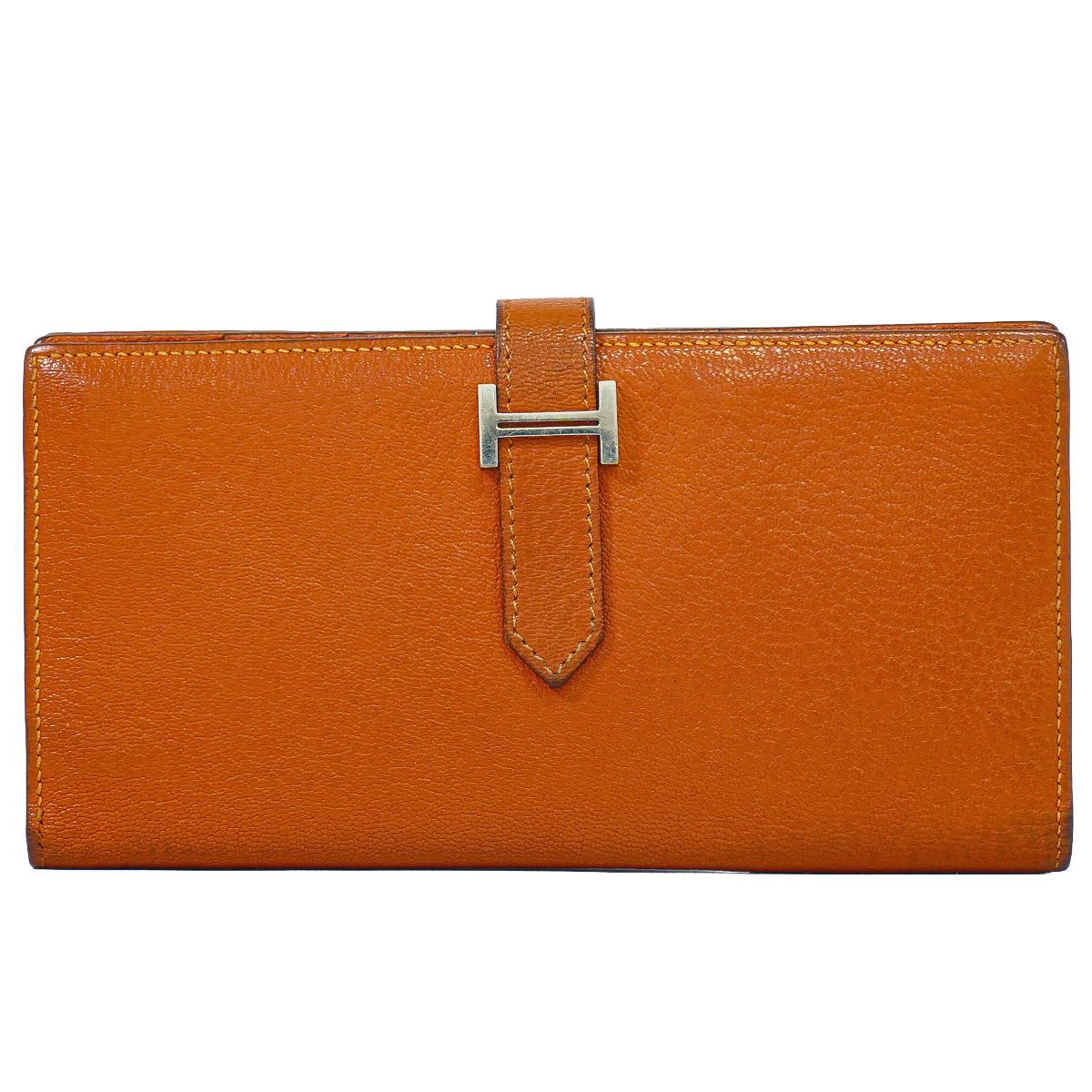 本物 エルメス HERMES ベアンスフレ 長財布 ロングウォレット T刻 2015年 レザー オレンジ Bearn Soufflet 財布 ウォレット 中古・