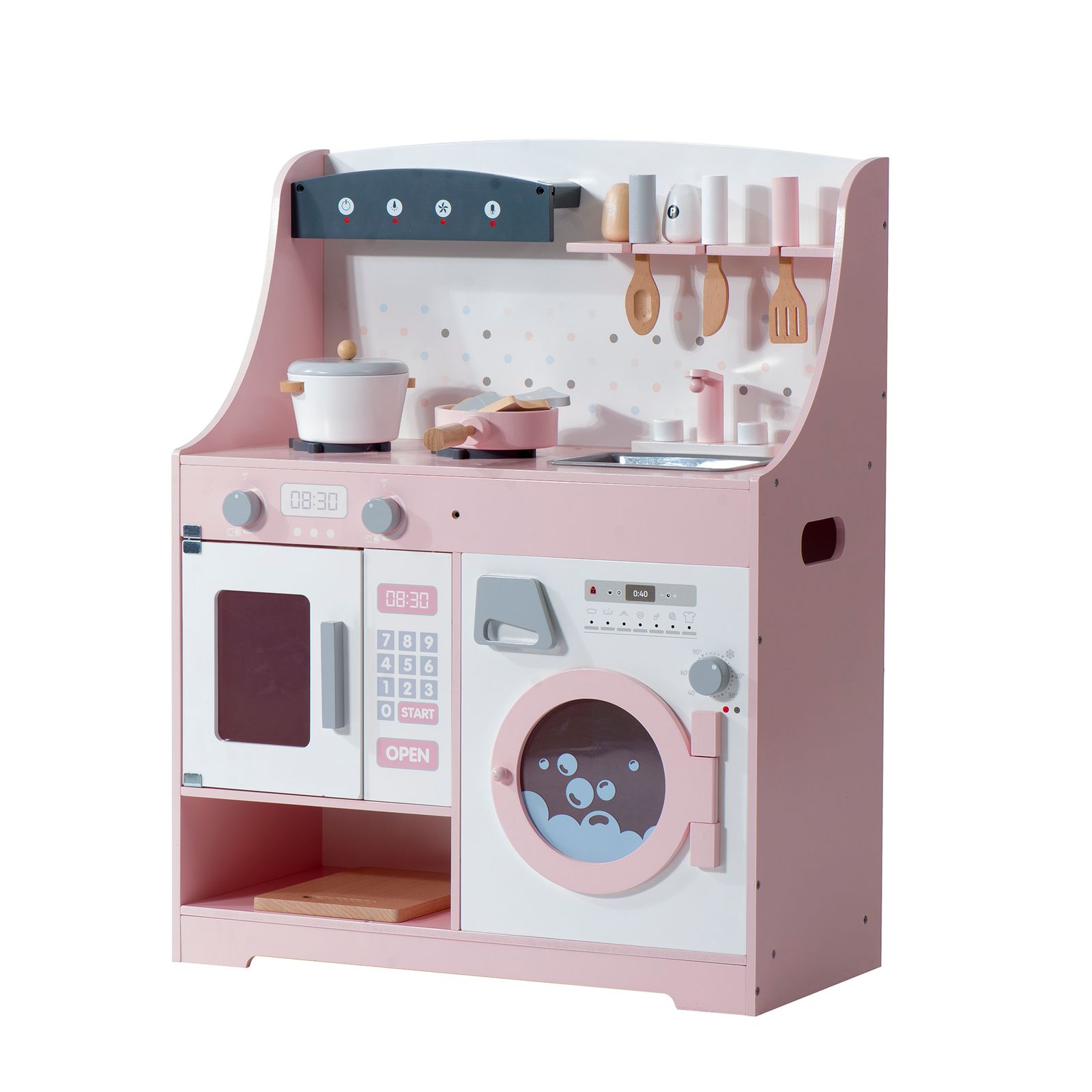 おままごとキッチン 木製 ピンク 調理器具・食材付き 知育玩具 キッズ ベビー【ピンク】