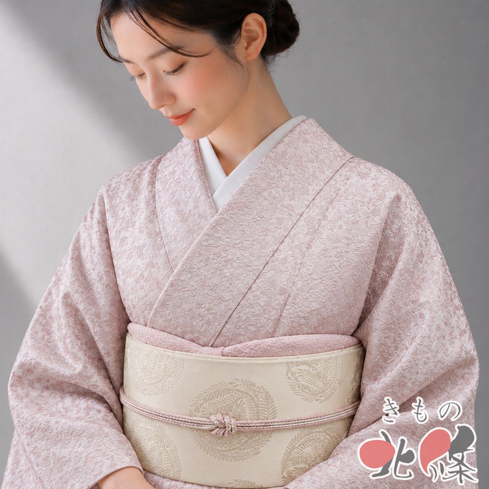 特選 色無地 着物 中古 正絹 袷 紋付き セミフォーマル 地模様 花模様 淡紅色 身丈173cm 裄69.5cm L トール ワイド きもの北條 A1401-1