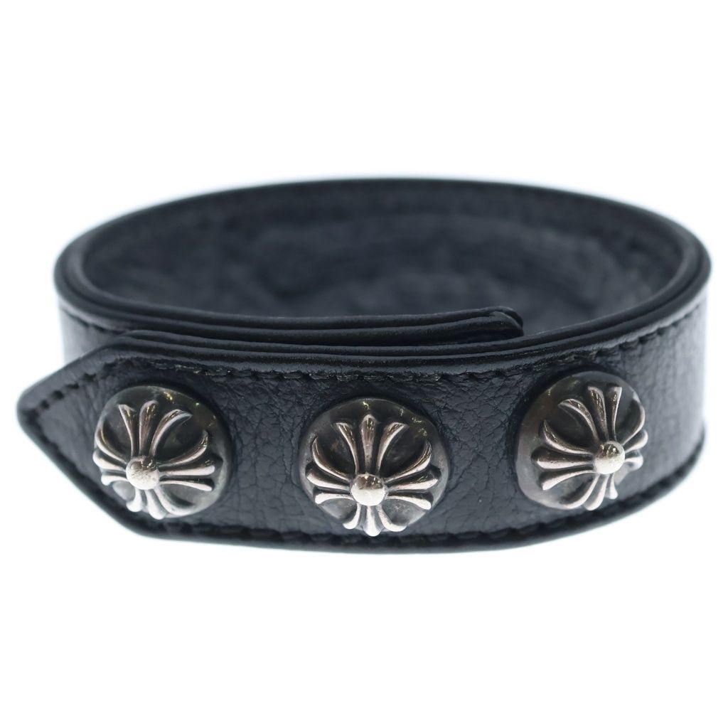 CHROME HEARTS (クロムハーツ) 3BTN 2SNP クロスボール 3ボタン2スナップ レザーブレスレット ブラック/シルバー BCA123 -