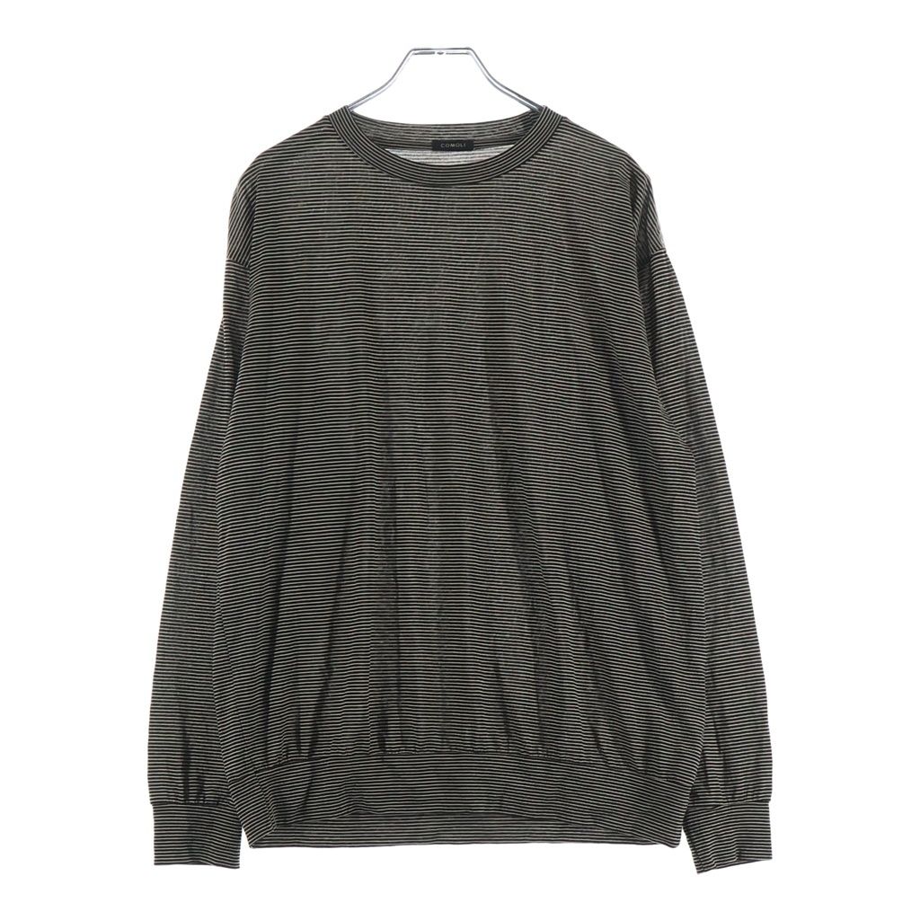 COMOLI (コモリ) 24SS サマーウール ボーダー クルーネック長袖Tシャツ カットソー ブラック/ホワイト Z01-05022