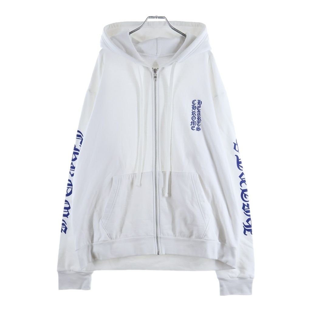 CHROME HEARTS (クロムハーツ) Vertical Logo Zip Up Hoodie 袖プリント ヴァーティカル ロゴ ジップアップフーディー パーカー ホワイト