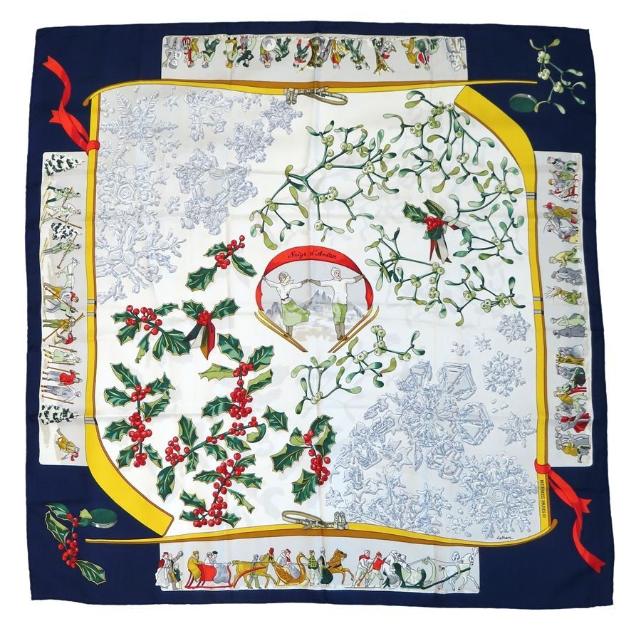 HERMES エルメス カレ90 スカーフ 『Neige d'Antan』去年の雪 ネイビー シルク フランス製 rk10460