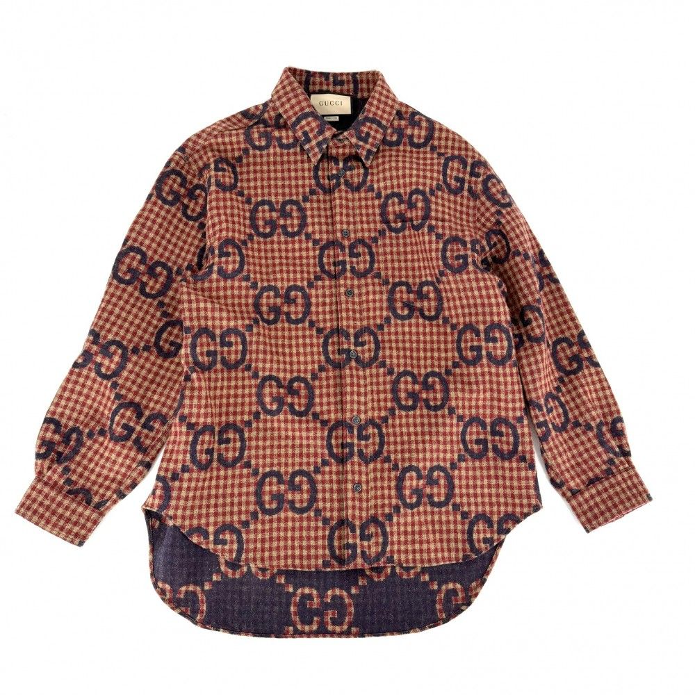【大売出し】 グッチ 長袖シャツ メンズ マキシGG ギンガムチェック トップス アパレル 服 GUCCI 50 756842 レッド 赤 ベージュ ウール 秋 冬 美品【中古品】