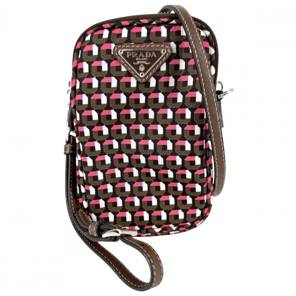 プラダ ショルダーバッグ レディース トライアングルロゴ 総柄 スマホショルダー ポーチ 2WAY PRADA 1N1860 ナイロン カーキ ピンク シルバー金具 美品【中古品】