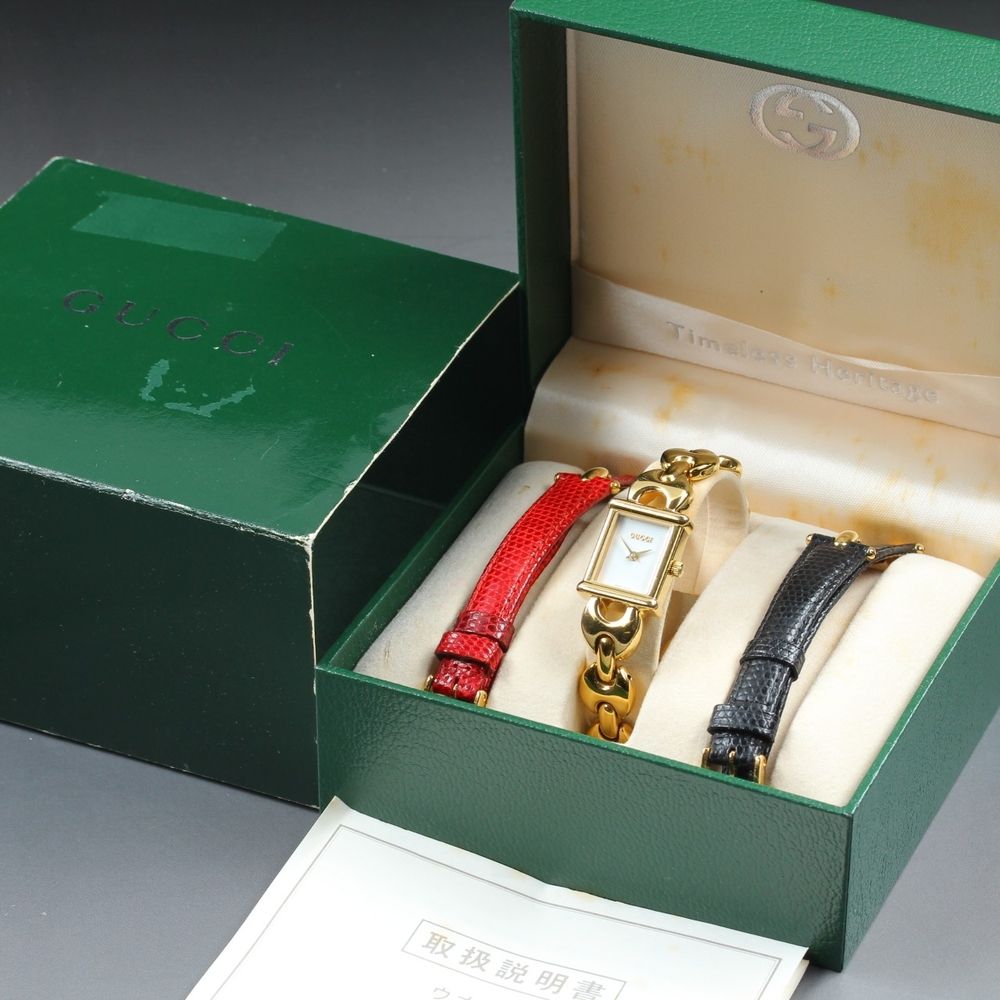 【稼働品】 GUCCI 1800L ホワイト ゴールド 純正ブレス 元箱 説明書 クオーツ レディース 腕時計 #17726