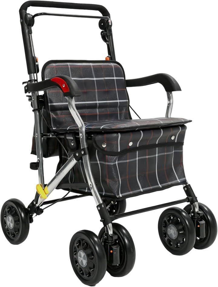 FamilyRoots シルバーカー 手押し車 座席付き ショッピングカート 高齢者向け おしゃれ 使いやすい 通院 お買い物 (ダークグレーと赤のチェック柄, アルミ製：55x63x91-98CM)