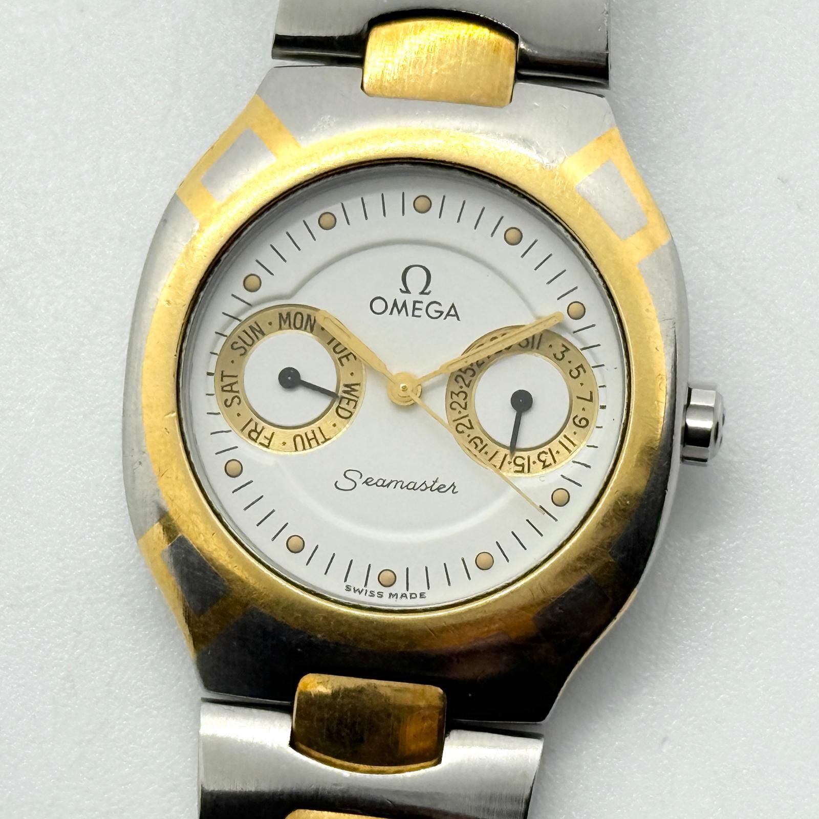 OMEGA オメガ SEAMASTER シーマスター ポラリス ホワイト QZ ユニセックス デイデイト YG 腕時計 訳あり