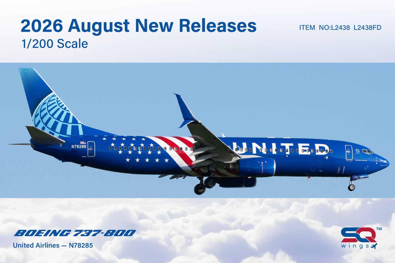 SQwings ユナイテッド航空 737-800 N78285 アメリカ建国250周年記念塗装 1/200 L2438FD(フラップダウン版)