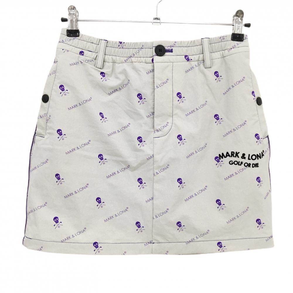 【美品】マークアンドロナ スカート グレー×パープル 総柄 内側インナーパンツ ウエストゴム レディース 38(M) ゴルフウェア MARK＆LONA