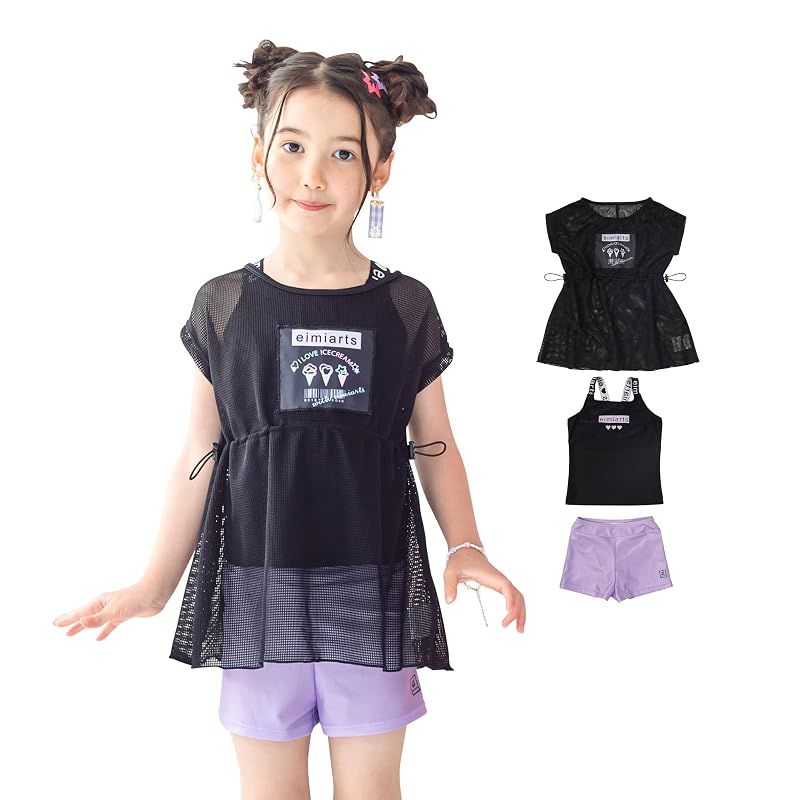 [アリサナ] 水着 子供 女の子 キッズ ジュニア セパレート 子供 スイムウェア 3点セット 04.ブラック 150cm BK