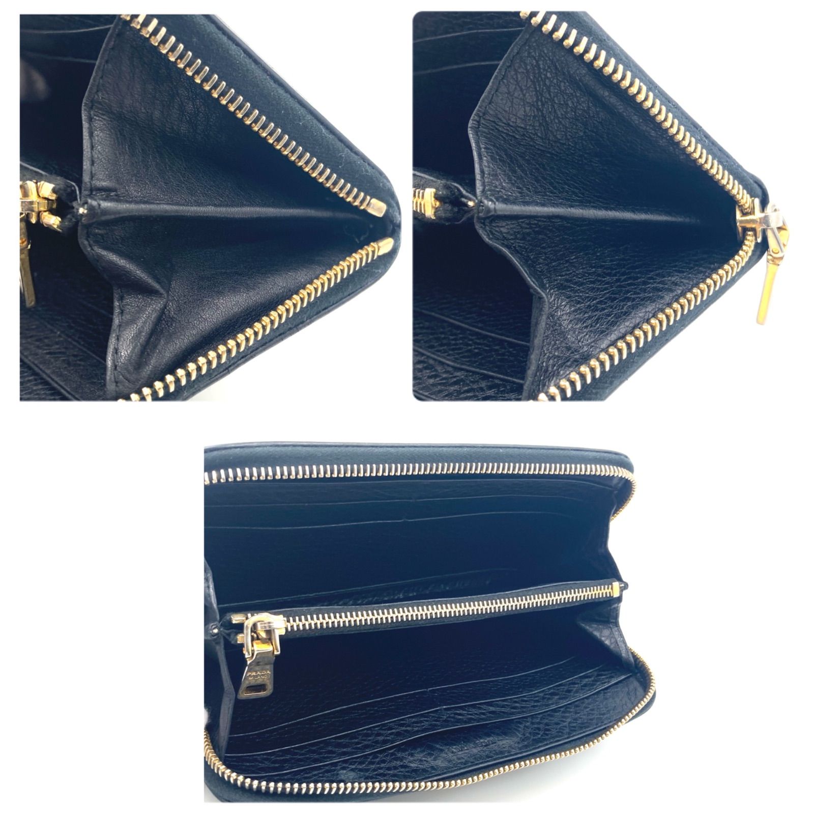 鑑定済み 美品 プラダ 長財布 ヴィッテダイノ レザー 金具 ロゴ シボ革 黒 □美品□PRADA プラダ ヴィッテロダイノ 前面ロゴ金具 ラウンド