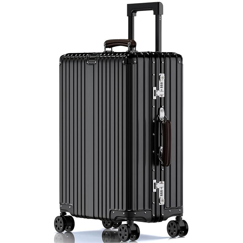 【新品】 [lanbao] スーツケース オールアルミ合金 キャリーケース 機内持ち込み 大容量 アルミ合金ボディ TSAロック 静音ダブルキャスター 軽量 旅行出張1802 (ブラック, Mサイズ/4～7泊/60L)