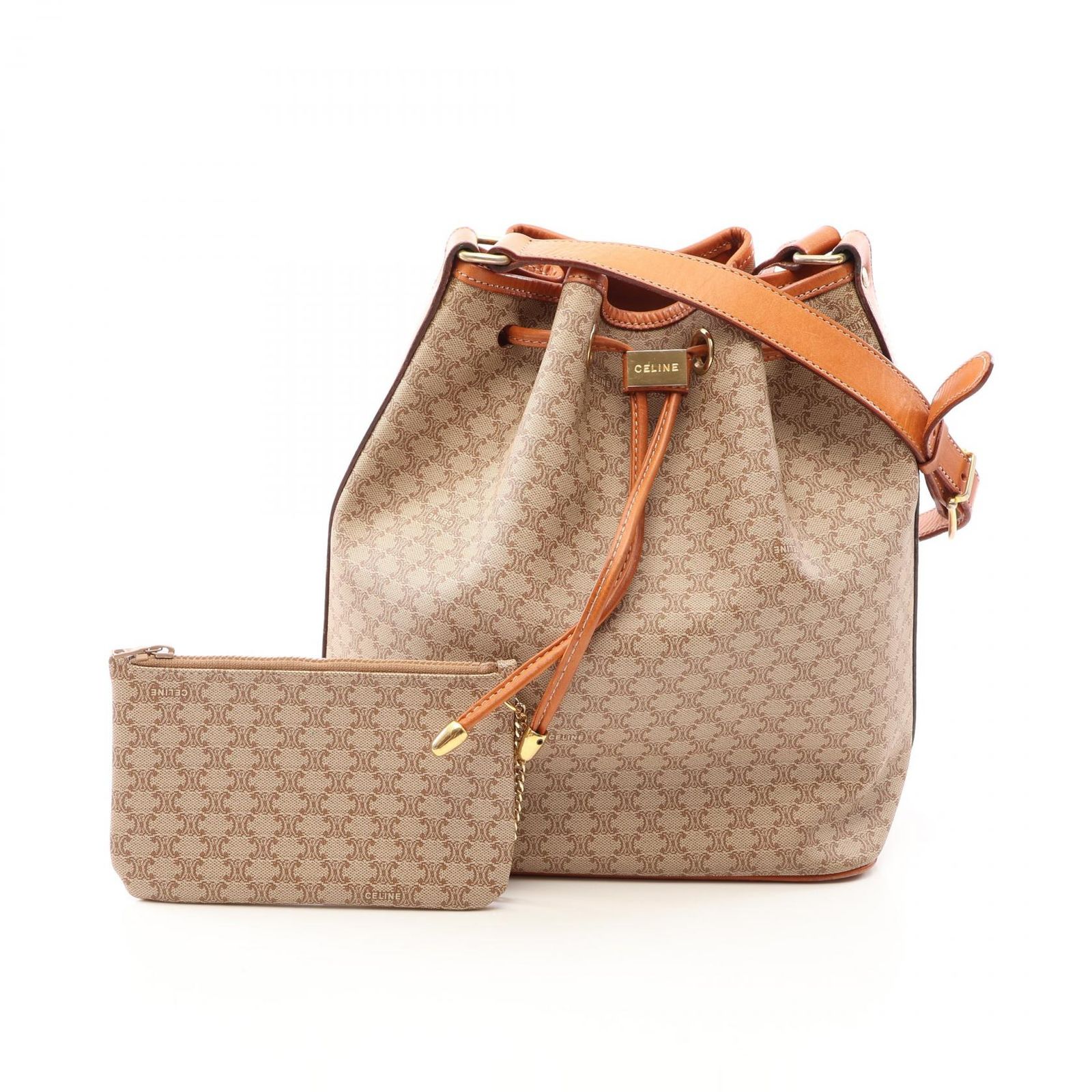 セリーヌ CELINE ショルダーバッグ マカダム ドローストリング ベージュ PVCコーティングキャンバス レザー マカダム ショルダーバッグ レディース Used B