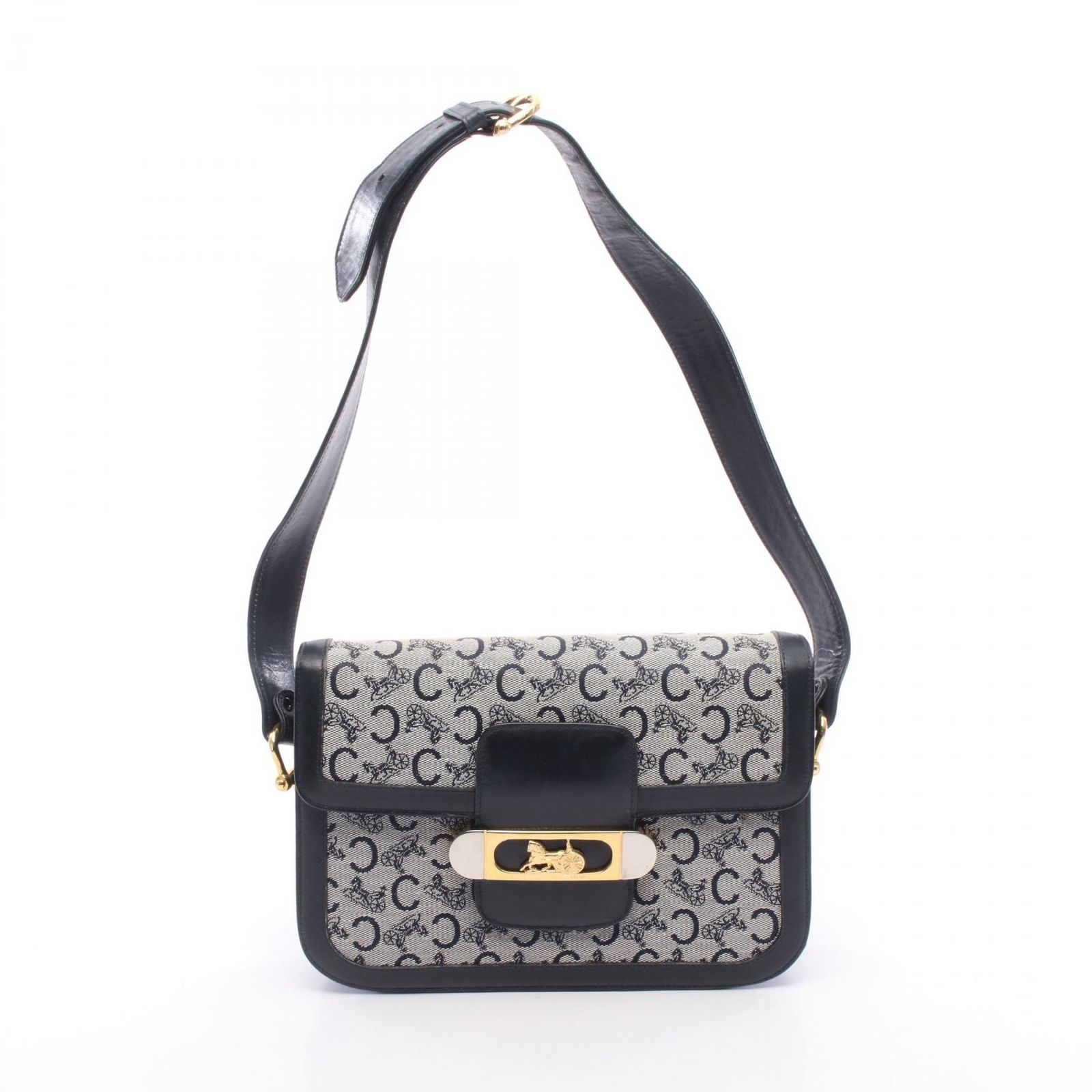 セリーヌ CELINE ショルダーバッグ Cマカダム 馬車金具 グレー/ネイビー キャンバス レザー Cマカダム 馬車金具 ショルダーバッグ レディース Used B