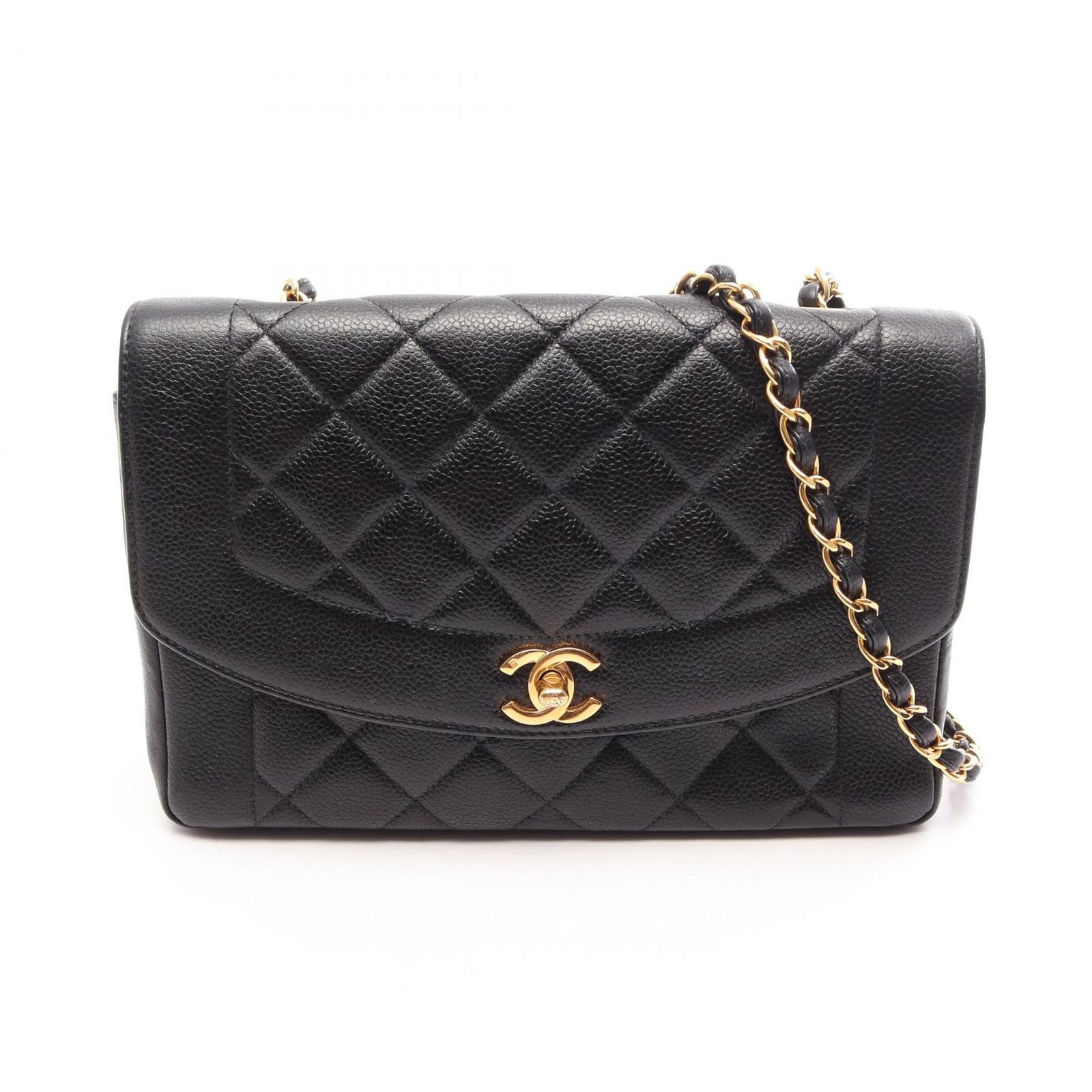 シャネル CHANEL ショルダーバッグ マトラッセ ダイアナフラップ ブラック キャビアスキン(グレインドカーフ) マトラッセ ダイアナ チェーンショルダー レディース