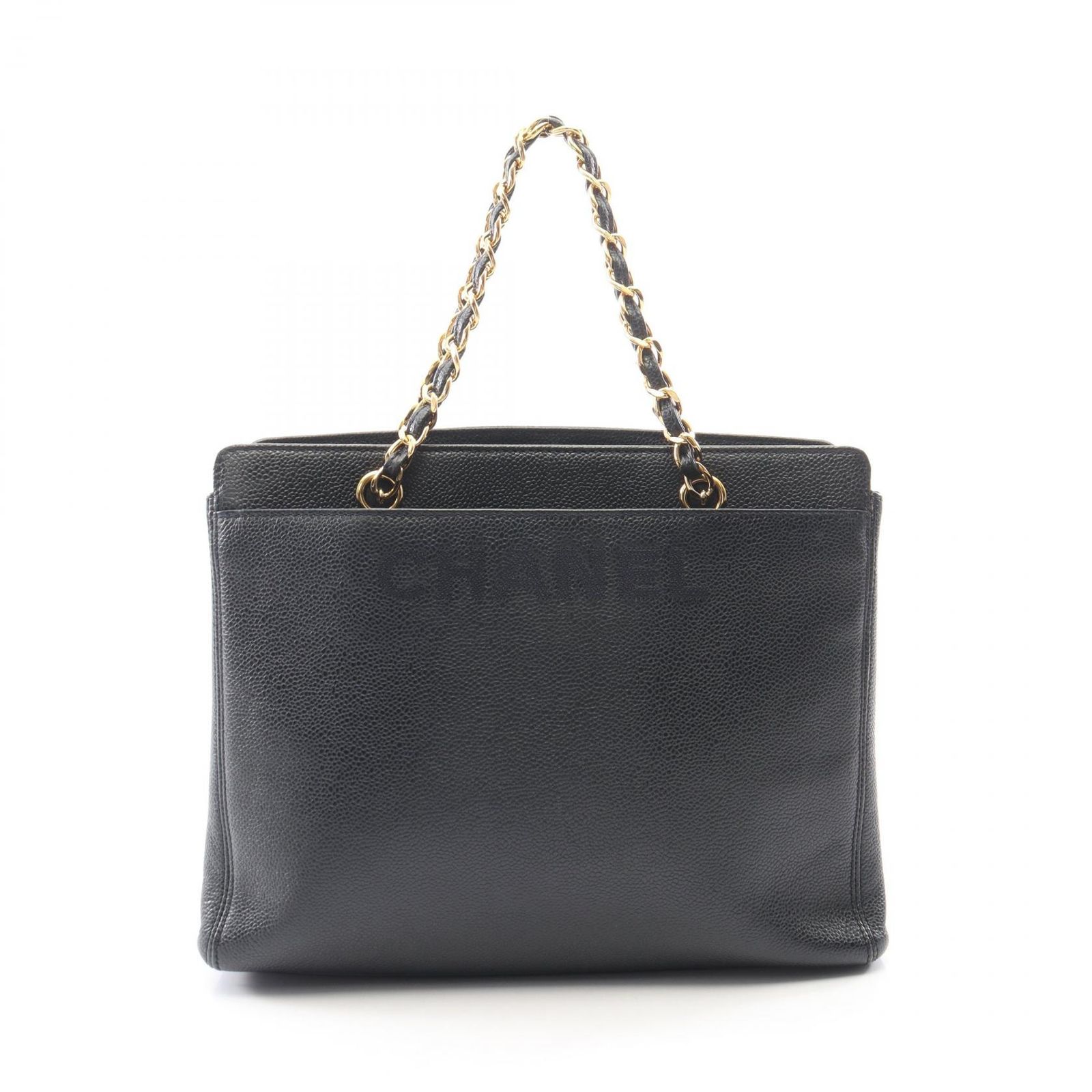 シャネル CHANEL ハンドバッグ ロゴ刺繍 ネイビー キャビアスキン(グレインドカーフ) ロゴ チェーントート レディース Used A