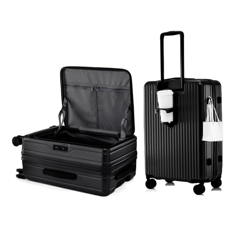 【新品】 [Yuweijie] スーツケース キャリーケース 片開き 拡張機能付き ファスナータイプ フロントオープン 大容量 機内持ち込み 超軽量 カップホルダー付き TSAロック キャリーバッグ 横開き ハード ビジネス 旅行 出張 ダークブラック 60～