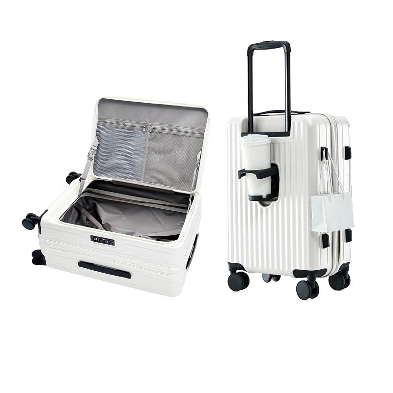 【新品】 [Yuweijie] スーツケース キャリーケース 片開き 拡張機能付き フロントオープン 大容量 機内持ち込み 超軽量 ファスナータイプ カップホルダー キャリーバッグ 横開き ハード TSAロック ビジネス 旅行 出張 1-3泊 ホワイト 40l