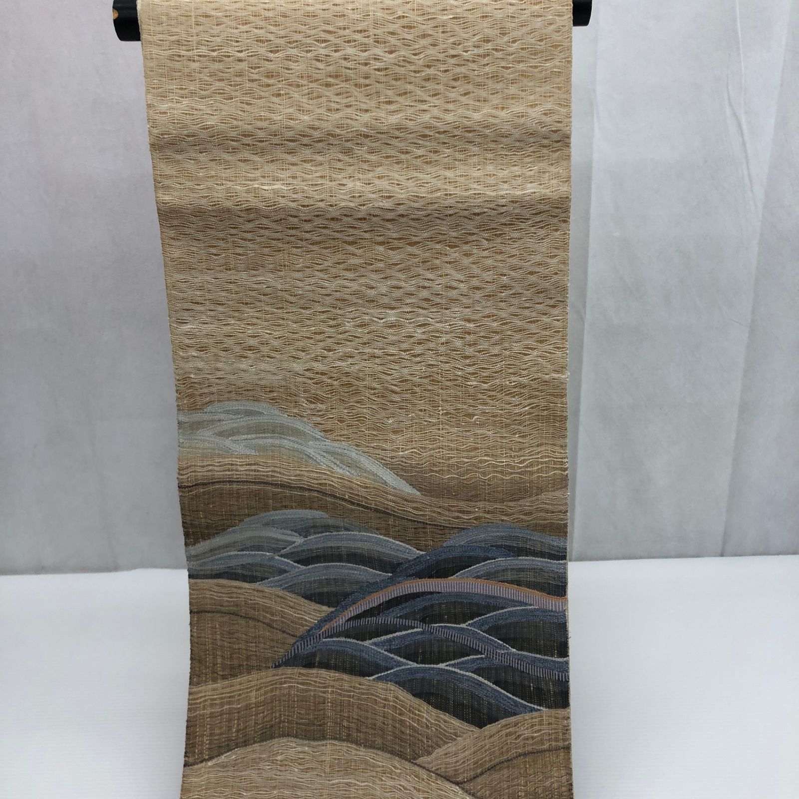 袋帯 逸品 波打ち模様 青緑灰色 お洒落 和装小物 六通 正絹 夏帯　全長 約４５０㎝ 幅　約３０．５㎝_255