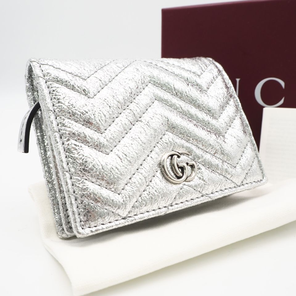 ★3日以内返品可★ 極美品 GUCCI グッチ GGマーモント ダブルG ミニウォレット 466492 二つ折り財布 シルバー レザー レディース 32,975円