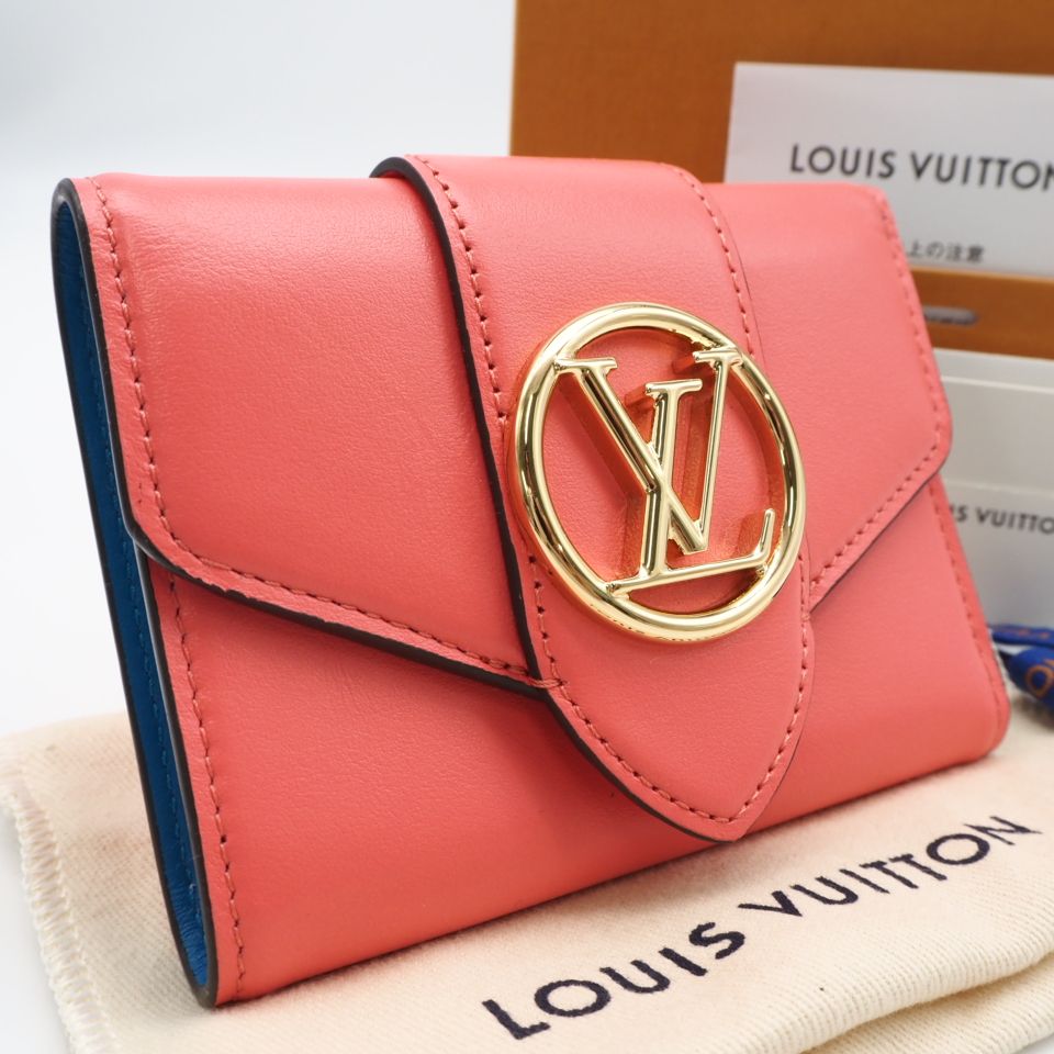 ★3日以内返品可★ 美品 LOUIS VUITTON ルイ・ヴィトン カーフスキン ポルトフォイユ LVポンヌフ コンパクト ダリア M69177 三つ折り財布 ピンク ブルー カーフレザー レディース